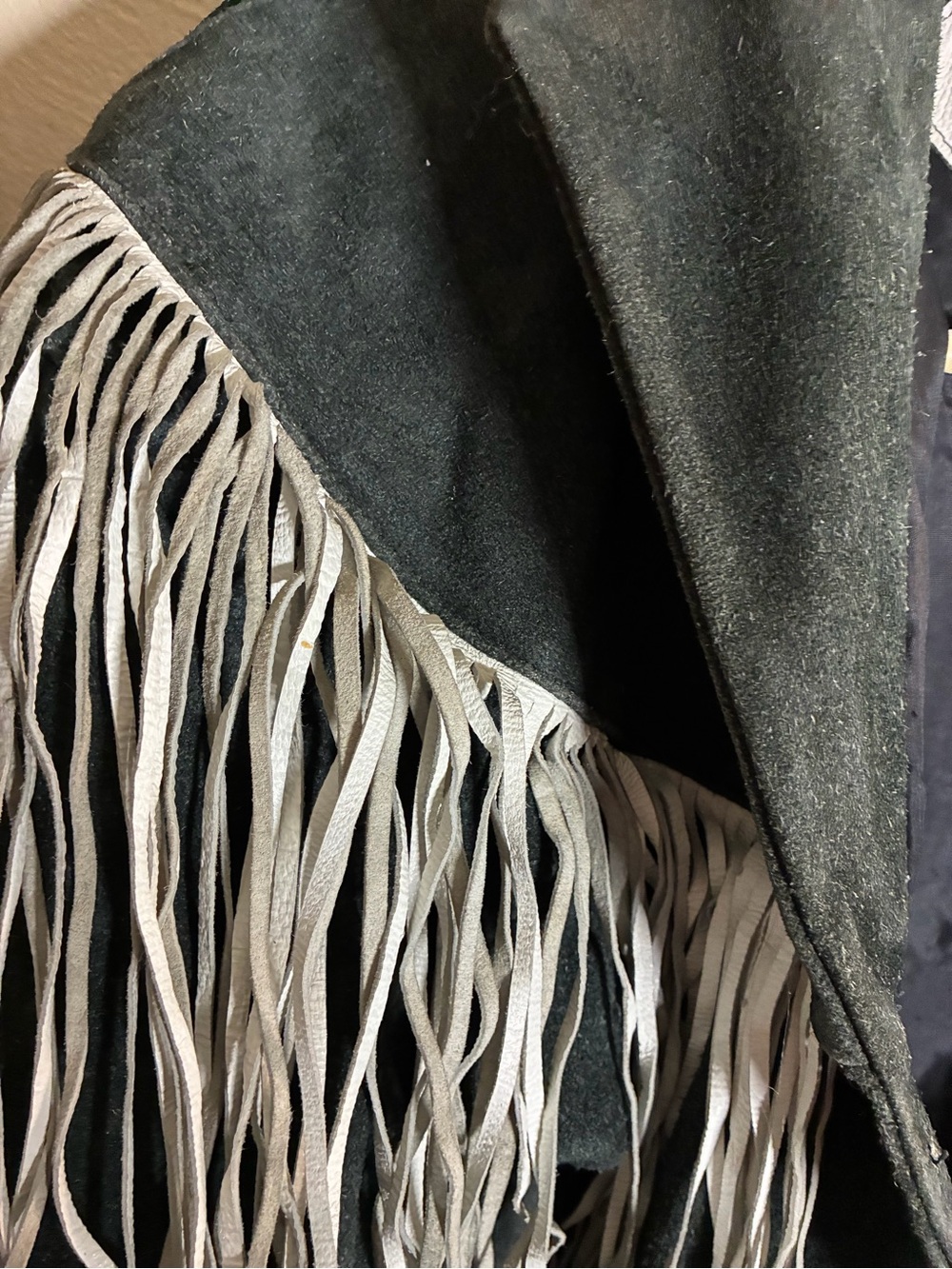 Fringed Suede Leather Jacket in Dark Gray with White Fringe - Picture 5 of 16